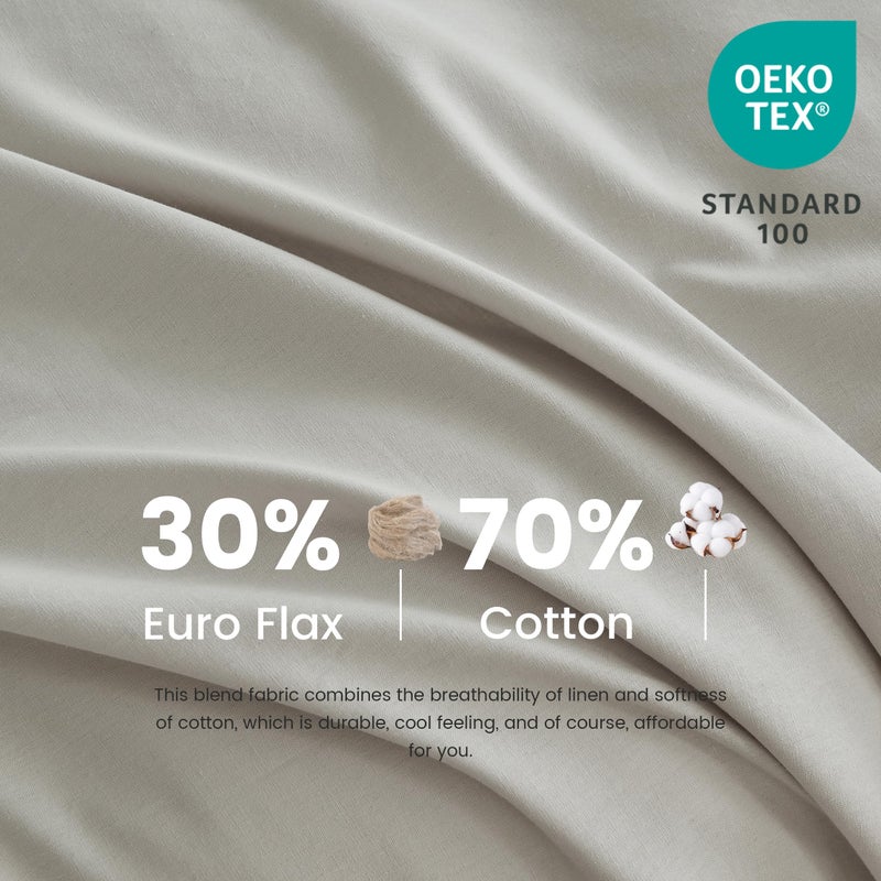 BISELINA French Linen Duvet Cover Set 3pcs with Hidden Zipper Closure Natural Flax Cotton Blend Solid Color Soft Breathable Luxury Farmhouse Bedding - King Size, Khaki Grey - Image 2